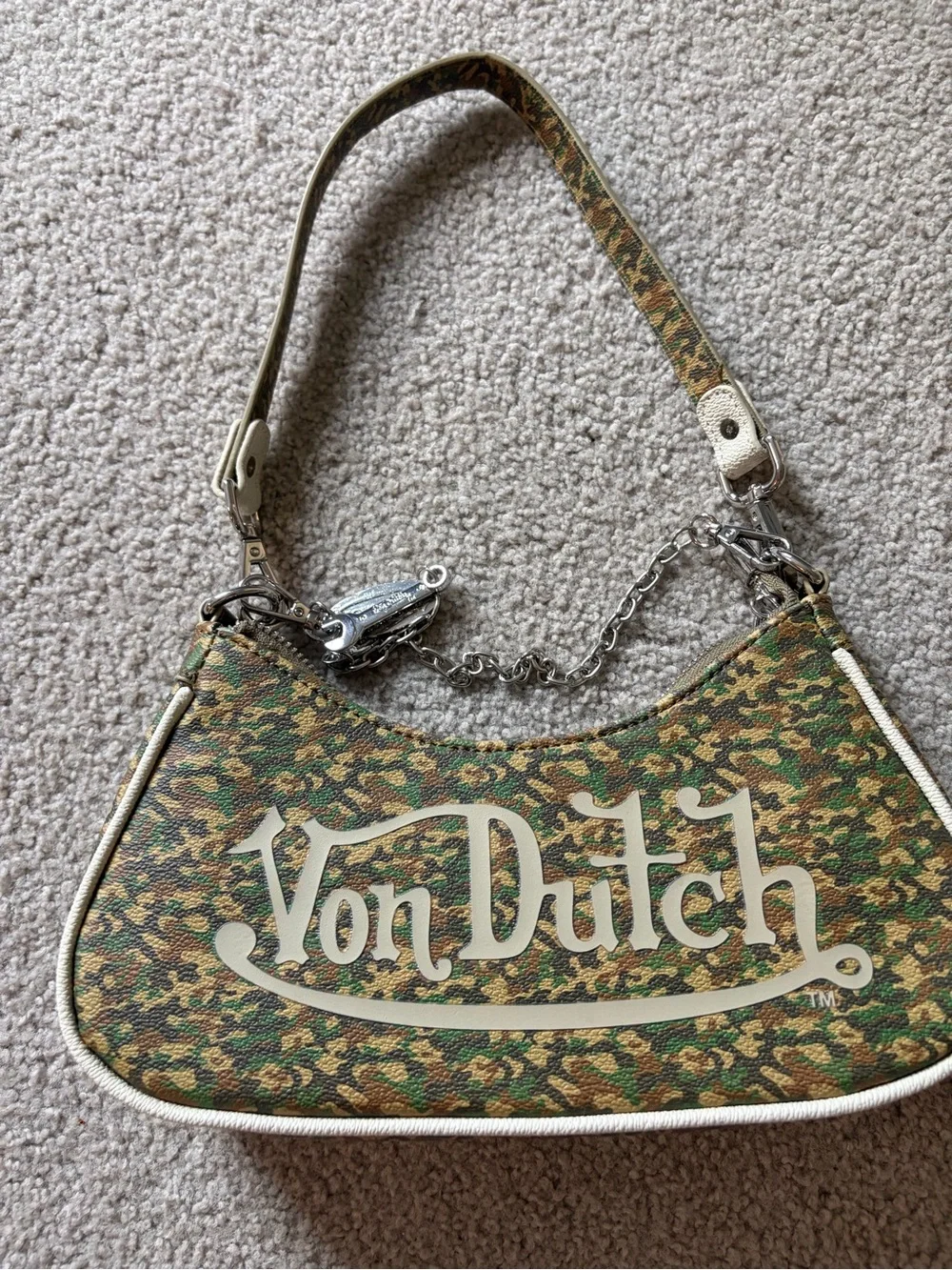 Von Dutch Green Camo Mini Shoulder Bag with Silver Chain Accents